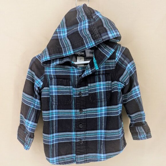 2T Boys Hooded Flannel Shirt/Jacket Long Sleeve Button Up 100% Cotton Blue Plaid - Picture 1 of 6